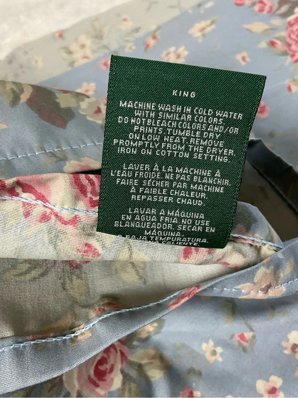 Ralph Lauren Blue Floral King Flat Sheet with Pink Rose Pattern Shelter Island